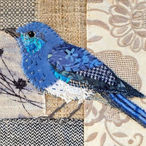 This fellow has given me trouble. He didn't want to cooperate. I fiddled with the background. Gave him new wings. Stitched. Ripped out.… | Instagram Recycled Fabric Art, Art Fibres Textiles, Bird Quilt Blocks, Bird Applique, Textile Art Embroidery, Fabric Postcards, Bird Quilt, Embroidered Bird, Bird Crafts