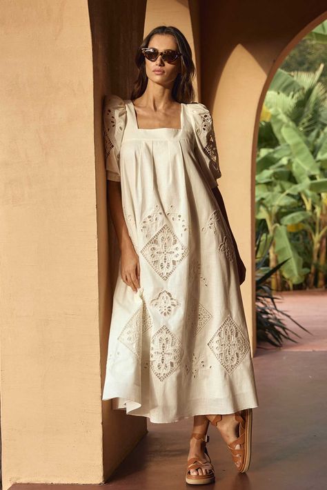 The Waverly dress has a square neckline, elbow-length sleeves, eyelet details and pleat accents. Hunter Bell, Womens Fall Dress, Romantic Outfit, Eyelet Dress, White Eyelet, Balloon Sleeves, Fall Dresses, Embroidered Dress, Square Neckline