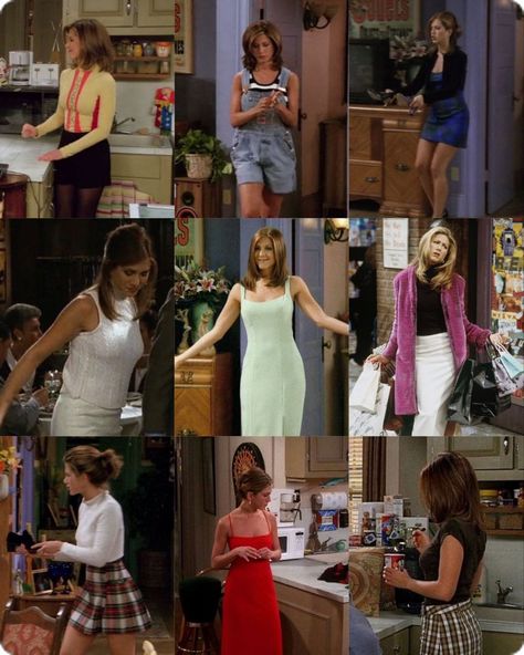 Rachel Green Aesthetic Outfits, Rachel Green Overalls, Green Y2k Outfit, Friends Rachel Outfits, Outfit Mood Board, 90s Teen Fashion, Estilo Rachel Green, Rachel Green Friends, Rachel Green Style