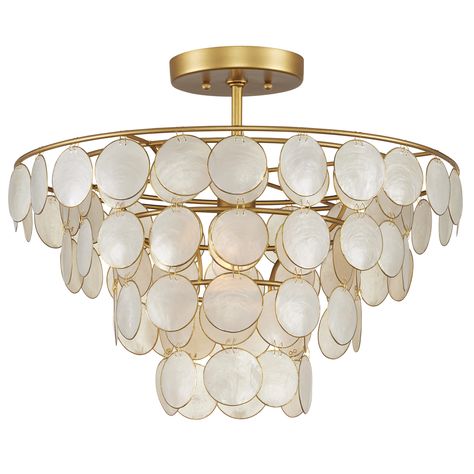 Bon Vivant Small Semi-Flush Mount. Semi-Flush Mounts Natural/Gold Capiz Shell/Wrought Iron Florida Front Door, Vanity Inspiration, Gold Fixtures, Shell Frame, Capiz Shell, Bathroom Light, Shell Ring, Semi Flush Mount Lighting, Bathroom Light Fixtures