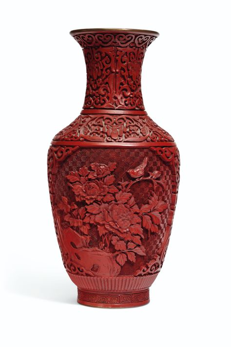 A CHINESE CARVED CINNABAR LACQUER VASE Chinese Arts And Crafts, Manor Garden, Bird On Branch, High Relief, Blue Interior, Chinese Art, Vases Decor, 20th Century, Auction