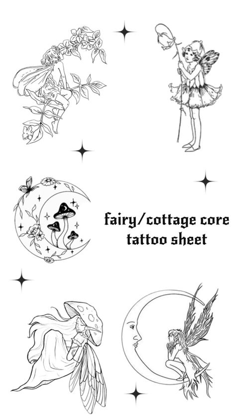 fairy tattoo sheet Core Tattoo, Cottagecore Tattoo, Fairy Cottage Core, Tattoo Sheet, Cottage Witch, Cottagecore Fairy, Fairy Cottage, Fairy Tattoo, Fairy Core