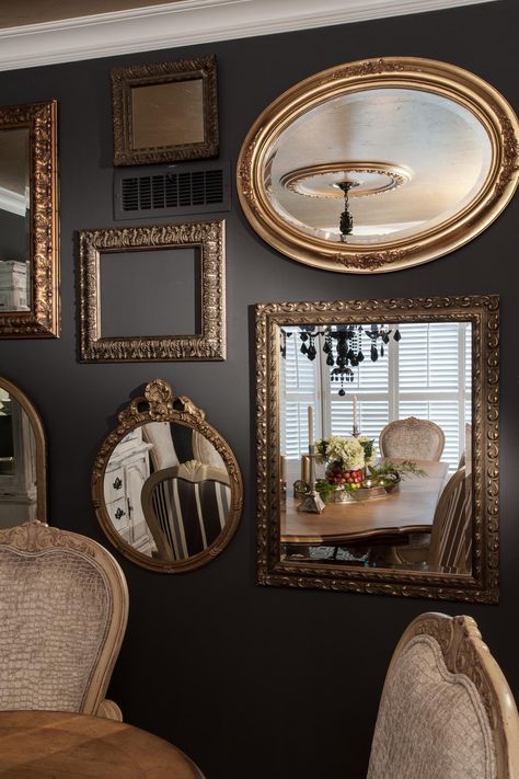 Mirror Gallery Wall in Traditional Gray Dining Room | HGTV Mirror Collage, Mirror Gallery, Wall Mirror Diy, Mirror Gallery Wall, Mirror Dining Room, Small Wall Mirrors, Rustic Wall Mirrors, Grey Dining Room, Black Wall Mirror