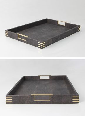 An elegant rectangular tray in a contemporary design finished in designer seal brown shagreen with exclusive brass handles and fittings. Contemporary Entryway, Elegant Tray, Brass Trim, Drinks Tray, Contemporary Hotel, Contemporary Traditional, Contemporary Exterior, Contemporary Bar, Display Tray