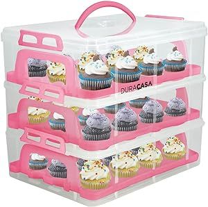 DuraCasa Cupcake Carrier, Cupcake Holder | Premium Upgraded Model Holds Cupcakes Steadier | Store up to 36 Cupcakes or Muffins | Stacking Cupcake Storage Container | Use 1,2, or 3 Tiers (Pink) Frosted Cupcakes, Dessert Holder, Cupcake Carrier, Cupcake Container, Three Tier Cake, Cake Storage, Airtight Storage, Clear Plastic Containers, Cake Carrier