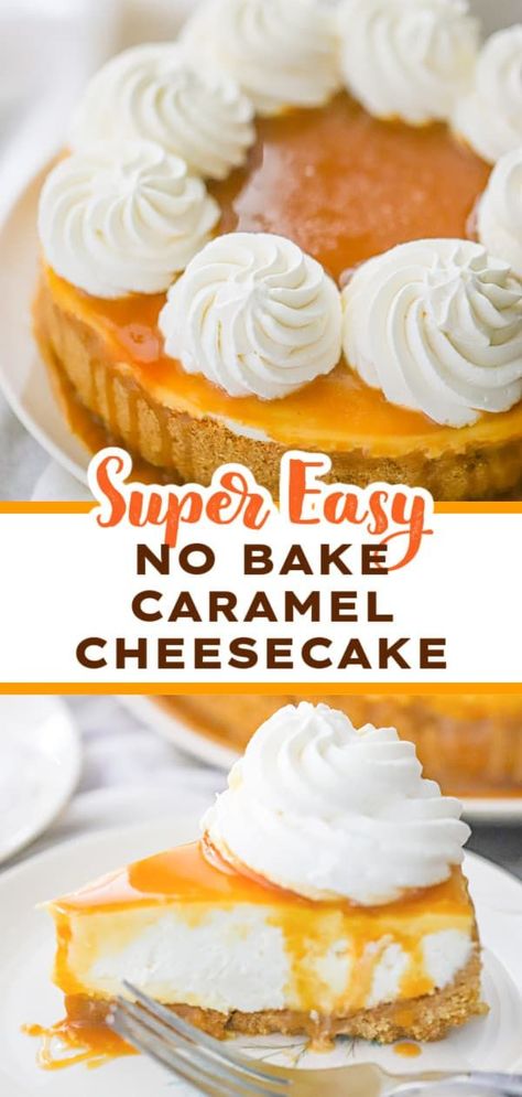 Dive into our newest no bake cheesecake! Our easy, irresistible No Bake Salted Caramel Cheesecake recipe is one you’ll adore! Imagine a creamy, indulgent dessert with layers of graham cracker crust, smooth and rich cheesecake filling, and a gooey salted caramel drizzle on top. Dreamy! No Bake Cheesecake Caramel, Popular Cheesecake Flavors, No Bake Salted Caramel Cheesecake, Caramel Drizzle Recipe, No Bake Caramel Cheesecake, Caramel Cheesecake Recipes, Homemade Cheesecake Recipes, Bake Cheese, Rich Cheesecake