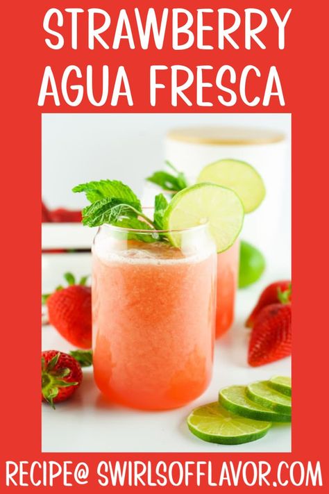 Strawberry Agua Fresca is a refreshing and delicious drink that’s so easy to make. Fresh, juicy strawberries add sweetness to cool water, lime juice and sugar and create the perfect refreshing beverage. #swirlsofflavor #aguafresca #strawberry Strawberry Aqua Fresca, Melon Agua Fresca, Strawberry Agua Fresca Recipe, Germany Recipes, Cookout Drinks, Strawberry Agua Fresca, Strawberry Drink Recipes, Drunk Games, Agua Fresca Recipe