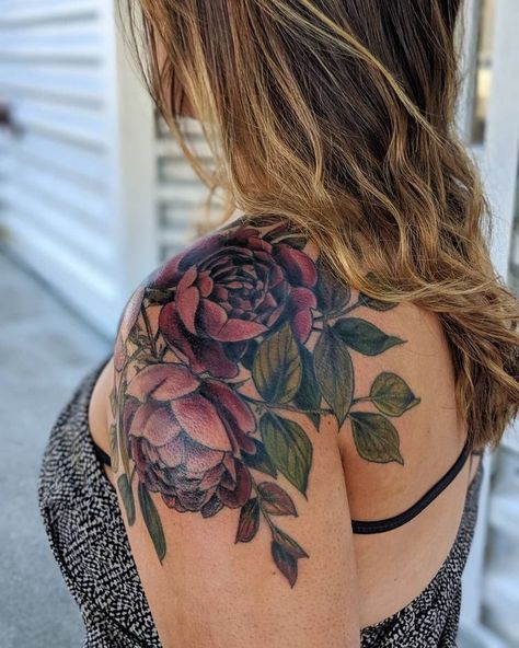 Roses Shoulder Tattoo, Shoulder Piece Tattoo, Arm Cover Up Tattoos, Flower Cover Up Tattoos, Cover Up Tattoos For Women, Shoulder Cap Tattoo, Floral Tattoo Shoulder, Rose Shoulder Tattoo, Peony Tattoo