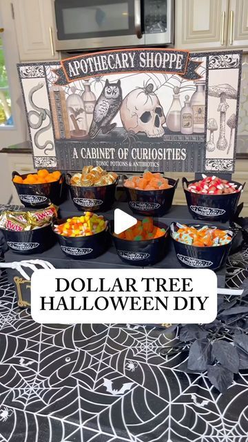 Micah Enriquez on Instagram: "🎃 One of my viral Dollar Tree Halloween DIYs from last year. Halloween items have started hitting the shelves at Dollar Tree, so be sure to grab these items if you see them.
They won’t last. This candy stand was used for Halloween parties and Halloween movie nights last year and the kiddos loved it!

What kind of DIYs do we want to see next? 

#DIY #dollartree #dollartreediy #dollartreefinds #halloween #halloweendiy #diyhalloween #halloweenpartydecor #diyhalloweenparty #halloweencandy #candybar" Halloween Party Dollar Tree, Christmas Decor Dollar Tree Diy, Dollar Tree Halloween Party, Halloween Decor Dollar Tree, Cheap Halloween Party Ideas, Halloween Candy Table, Dollar Tree Halloween Diy, Halloween Movie Night Party, Dollar Tree Diy Halloween