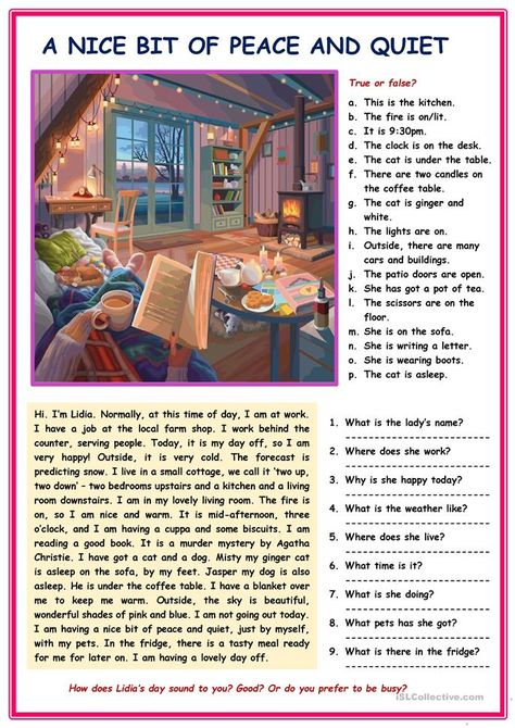 RC: a nice bit of peace and quiet - English ESL Worksheets for distance learning and physical classrooms Esl Reading Comprehension Beginners, English Reading For Beginners, Learning English Worksheets, English Practice Worksheets, Esl Reading Comprehension, Listening English, Teaching Reading Skills, Tea And Biscuits, Esl Kids