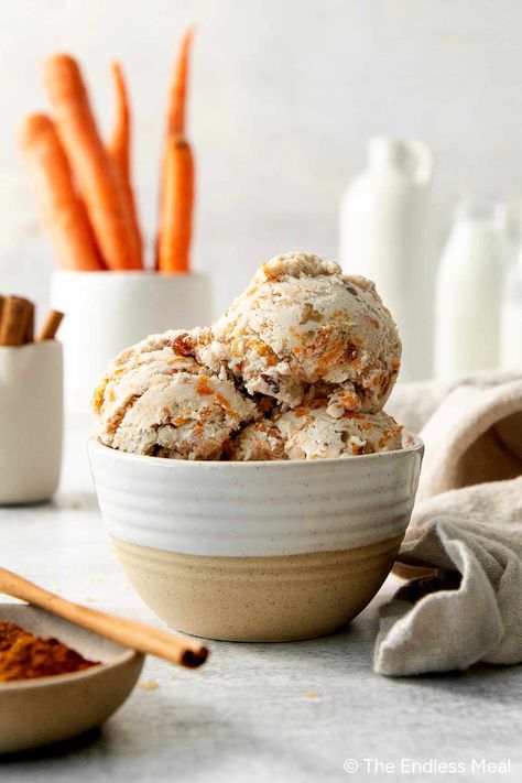 Carrots in ice cream? It sounds a bit like sacrilege, but hear us out! Imagine the delicious flavors of carrot cake: earthiness and warmth from the spices, the natural sweetness from the carrots, and the rich, tangy creaminess from the cream cheese. Fold it all up in a creamy, smooth carrot cake ice cream and you'll be wanting vegetables for dessert forever more! #theendlessmeal #carrotcake #icecream #carrots #dessert #spring Carrot Cake Ice Cream, Unique Ice Cream Flavors, Beer Ice Cream, Pumpkin Pie Ice Cream, Keto Smoothie Recipes, Matcha Ice Cream, Cake Ice Cream, Ice Cream Maker Recipes, Family Friendly Recipes