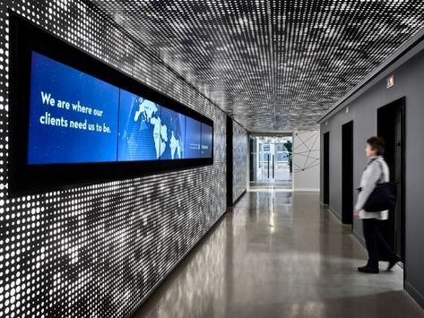 EisnerAmper Offices - New York City - Office Snapshots Marquee Signage, Elevator Lobby, City Office, Interior Fit Out, Experience Center, Cement Floor, Architecture Studio, Workplace Design, Media Wall