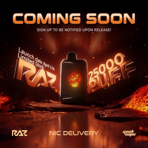 The RAZ DC25000 is Coming Soon! Sign up to be notified when it is released! More info on our website! #razdisposables #razvapes #razdc25000 #geekvape #vapes Coming Soon Poster Design, Coming Soon Product, Coming Soon Poster, Coming Soon Design, Instagram Ads Design, Product Banner, Website Ads, Coming Soon Sign, Fashion Poster Design