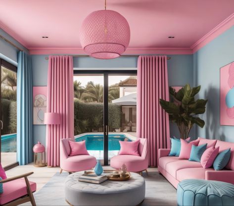 Blue Pink Interior Design, Pink And Blue Living Room Ideas, Barbiecore Decor, Pink And Blue Living Room, Pink Accents Living Room, Pink Blue Decor, Pink And Blue Room, Blue And Pink Living Room, Pink Home Office