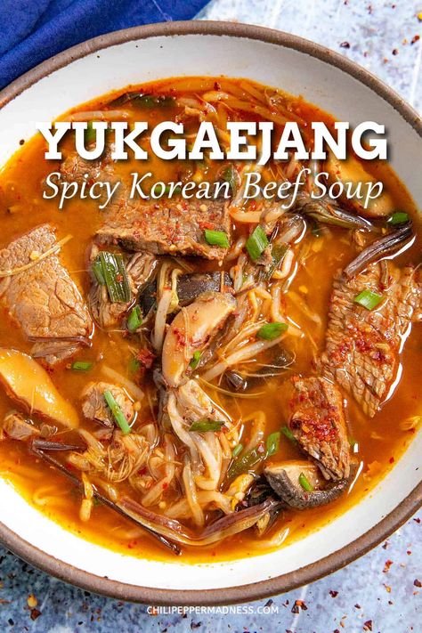 Yukgaejang is a hearty, spicy Korean vegetable beef soup recipe loaded with flavor, ready to warm your soul, vibrant red in color, an easy one-pot meal! Spicy Beef Soup Recipes, Asian One Pot Meals, Korean Beef Soup Recipe, Meaty Soups, Korean Beef Stew Recipe, Spicy Korean Soup, Bbq Soup, Asian Beef Stew, Korean Beef Soup