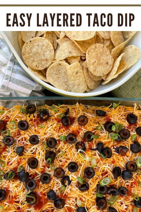 Easy layered taco dip with tortilla chips. Taco Dip For A Crowd, Taco Dip With Cream Cheese, Taco Dip Easy, Layered Taco, Vegetarian Taco, Layered Taco Dip, Fried Beans, Easy Dip, Taco Dip