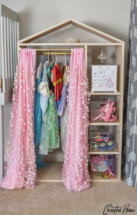 Wardrobe Build, Dress Up Corner, Dress Up Area, Dress Up Wardrobe, Dress Up Stations, Toddler Dress Up, Playroom Shelves, Dress Up Storage, Painted Curtains