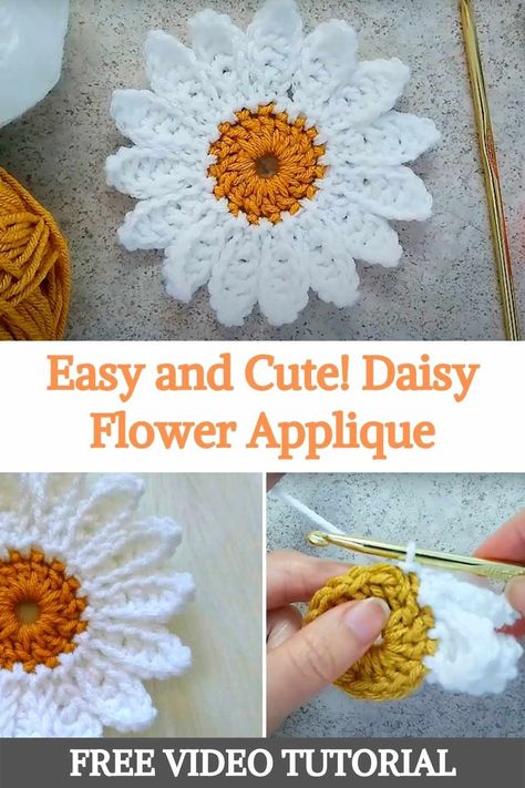 When spring comes with all the new colors of nature, it's time to put flowers on our hooks. So here you will learn how to crochet daisy flower appliques to help you add a lovely touch of spring to your life and crochet projects this season! These daisy flowers are perfect for use on clothing, hats, headbands, home decor projects, or anywhere. Why not sew these daisy appliqués onto some granny squares and make a cute flower blanket? The possibilities are endless with this beautiful detail... Crochet Daisy Scarf, Crochet Flower Patch, Crochet Daisy Bag Pattern, Crochet Daisy Coaster, Crochet Daisy Headband, Crochet Daisy Pattern Free, Crochet Daisies, Crochet Daisy Flower, Crochet Appliqué