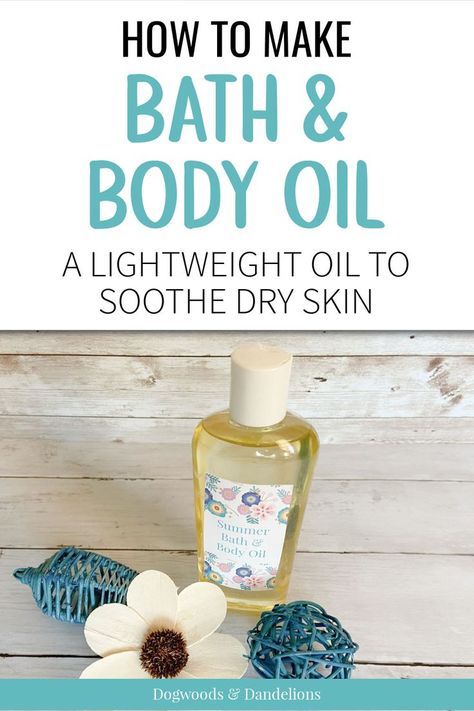 a bottle of bath & body oil surrounded by a flower and wooden ornaments Diy After Shower Body Oil Spray, Diy Soap For Dry Skin, Shower Oil Diy, Vanilla Body Oil Diy, Diy Body Oil For Dry Skin, Homemade Body Oil Diy, Body Oil Diy Recipe, Body Oil Diy How To Make, Diy Body Oil Recipe With Essential Oils