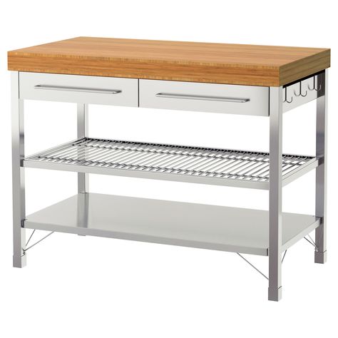 IKEA - RIMFORSA, Work bench, Gives you extra storage, utility and work space.The bottom shelf is designed for storing pots and pans.The hooks on the side of the workbench are perfect for hanging utensils or towels.You can adjust the shelves to suit your needs. Stenstorp Kitchen Island, Kitchen Work Bench, Dapur Ikea, Garage Storage Units, Kitchen Prep Table, Kitchen Work Tables, Kitchen Island Storage, Kitchen Island Trolley, Ikea Kitchen Island