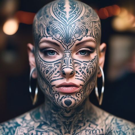 #tattoo Female Face Tattoo Ideas, Hals Tattoo, Hals Tattoo Mann, Shave Eyebrows, Face Tats, Full Tattoo, Tattoo Face, Kunst Tattoos, Tattoed Women