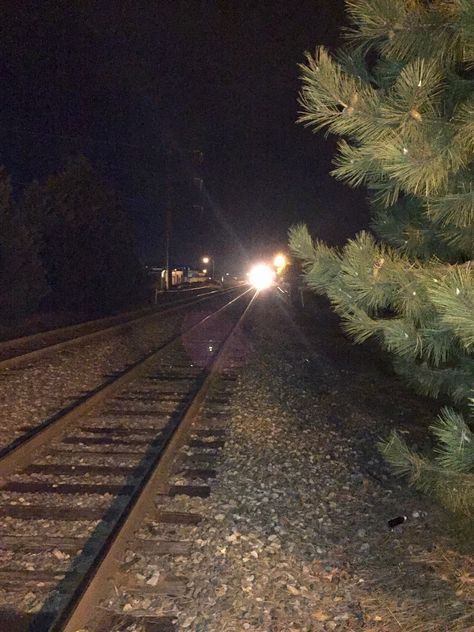 Train Coming Towards You, Train Track Photoshoot, Night Train Aesthetic, Railway Station Night, Train Tracks Aesthetic, Night Train Station, Railroad Tracks Aesthetic, Train Station At Night, Train Tracks At Night