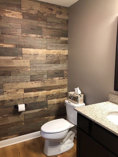 Bathroom Pallet Wall, Wood Plank Bathroom Wall, Rustic Half Bath, Powder Room Accent Wall, Small Half Bathrooms, Alaska House, Half Bathrooms, Plank Ceiling, Powder Room Makeover