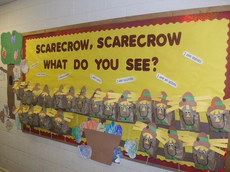 October Bulletin Board - - scarecrow bulletin board Scare Crow Bulletin Board Ideas, Scarecrow Bulletin Board, Carnival Bulletin Boards, November Bulletin Boards, October Bulletin Boards, October Ideas, Fall Bulletin Boards, Prek Classroom, Early Literacy Activities