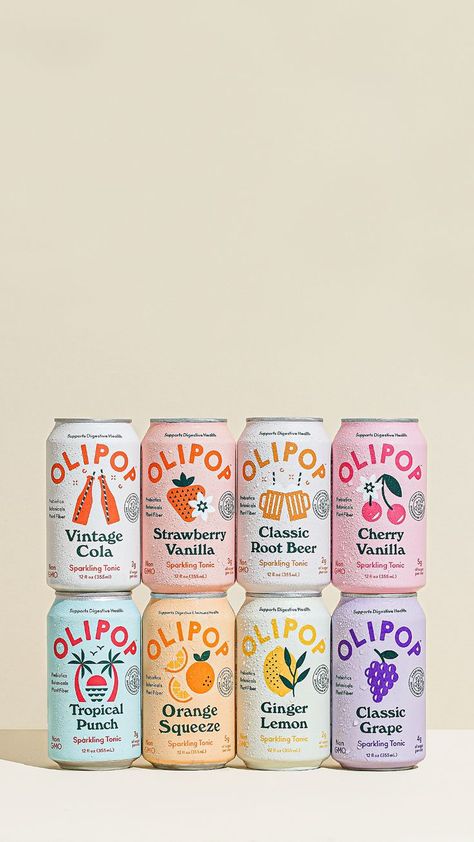 Target Packaging Design, Poppi Soda Branding, Seltzer Packaging Design, Fun Label Design, Colorful Product Design, Cartoon Packaging Design, Olipop Soda Aesthetic, Can Design Packaging, Soda Packaging Design