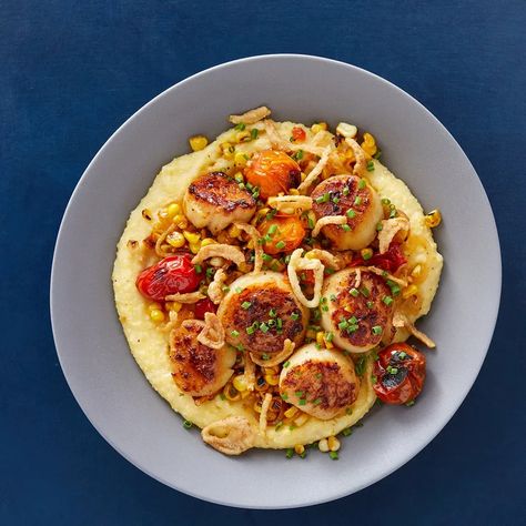 Recipe: Southern Scallops & Garlic-Herb Butter over Smoked Gouda Grits - Blue Apron Smoked Gouda Grits, Gouda Grits, Cheese Polenta, Blue Apron Recipes, Cheesy Grits, Seared Scallops, Garlic Herb Butter, Dried Corn, Yellow Corn