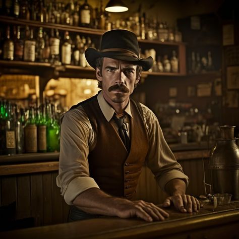 The bartender, Archibald Phelps, from the Black Badge book Dead Acre. Old West Bartender, Western Dungeons And Dragons, Wild West Bartender, Bartender Character, Cowboy Oc, Western Gunslinger Art, Dark Western, Wild West Games, Boot Hill