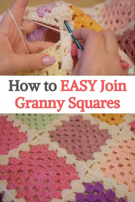 Granny Square Together, Crochet As You Go Granny Square, How To Crochet Squares Together Blankets, How To Join Crochet Granny Squares Together, Sewing Granny Squares Together Blankets, How To Sew Crochet Granny Squares Together, Granny Square Stitch Together, How To Make A Granny Square Blanket, Join Granny Squares Crochet Easy