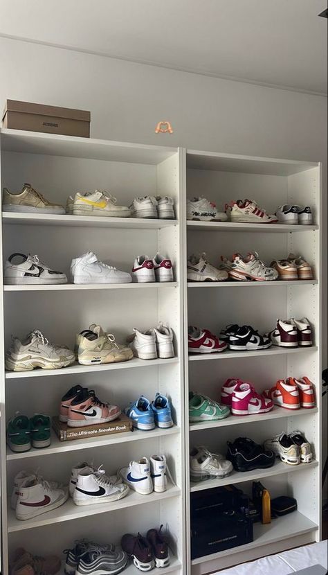 Shoe Collection Display, Sneakers Wardrobe, Sneakers Storage, Sneaker Wall, Shoes Wall, Sneakerhead Room, Shoes Closet, Jordan Logo Wallpaper, Shoe Room