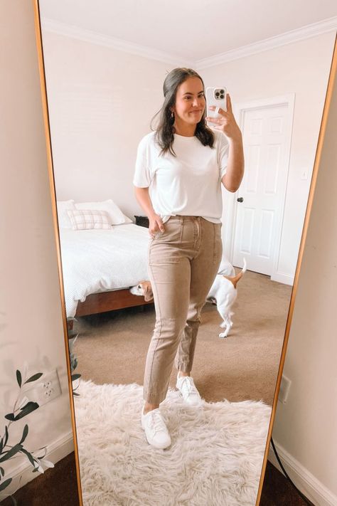 Casual Teacher Outfit, Khaki Pants Outfit, Teacher Ootd, Cute Teacher Outfits, White Sneakers Outfit, Tan Pants, Teacher Outfit, Teacher Outfits, Athleisure Outfits