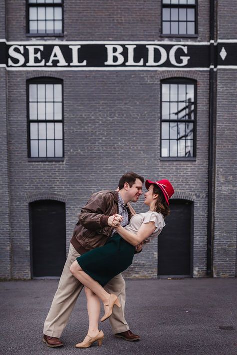 Captain America & Peggy Carter: an iconic Marvel comics engagement shoot   #engagementphotoshoots #engagementshoots #engagementphotos #urbanengagementphotos #proposalphotography #proposalphotos Captain America Peggy Carter, Captain America Peggy, Themed Engagement Photos, Red Fedora, Urban Engagement Photos, Urban Engagement, Anniversary Photo, Peggy Carter, Alaskan Cruise