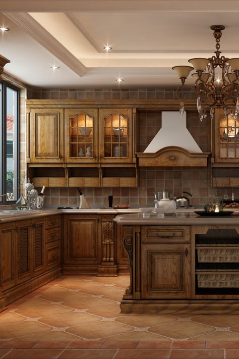 Rustic elements abound in this kitchen design. Solid wood is kept natural, emphasizing its beauty and finish. Classic Wood Kitchen, Classic Kitchen Design Wood, Wooden Kitchen Cabinets Modern, Wooden Cabinets Kitchen, Classic Kitchen Design Luxury, Latest Kitchen Designs Modern, Rustic Kitchen Backsplash, Solid Wood Kitchen Cabinets, Wooden Kitchen Cabinets