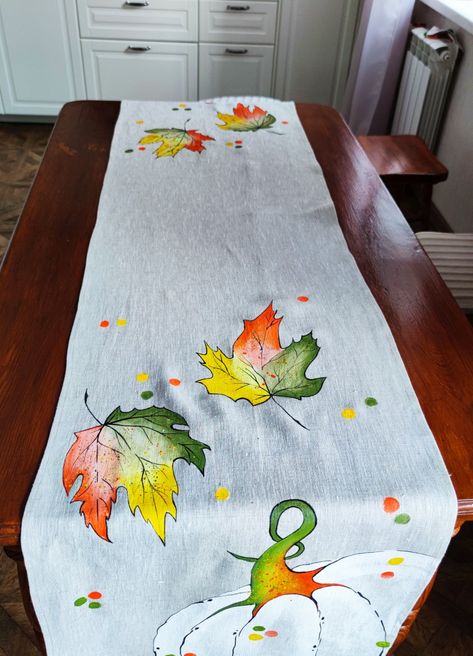 Hand-painted Table Runner/Thanksgiving Table Runner/Reversible autumn table decor/Fall handmade table linen/White Pumpkin White Pumpkin Centerpieces, White Pumpkin Decor, Pumpkin Halloween Decor, Fall Farmhouse Decor, Thanksgiving Table Runner, Halloween Tablecloth, Farmhouse Table Runners, Hand Painted Table, Fall Farmhouse