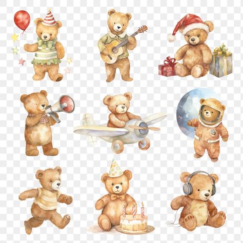 Teddy Bear Character, Brown Stickers, Png Teddy Bear, Teddy Bear Illustration, Teddy Bear Sticker, Watercolor Teddy Bear, Animal Birthday Cakes, Teddy Bear Birthday, Birthday Illustration