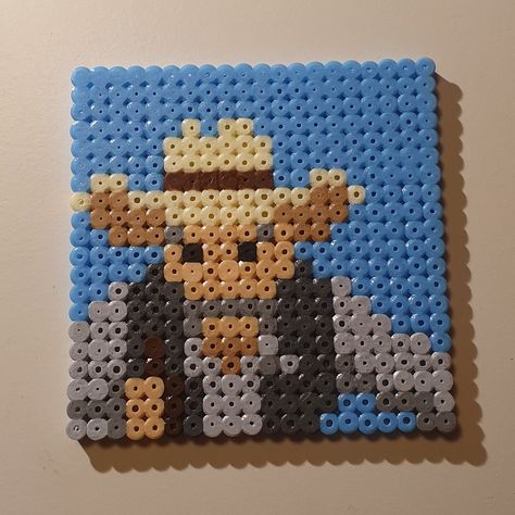 20 x 20 coaster made with perler hama beads depicting The Stranger from the Big Lebowski. I added the bottle of Sasparilla from the original image. Perler Bead Cowboy Hat, Bead Cowboy Hat, Perler Crafts, Big Lebowski, Beads Ideas, The Stranger, Hama Beads Patterns, Melting Beads, The Big Lebowski