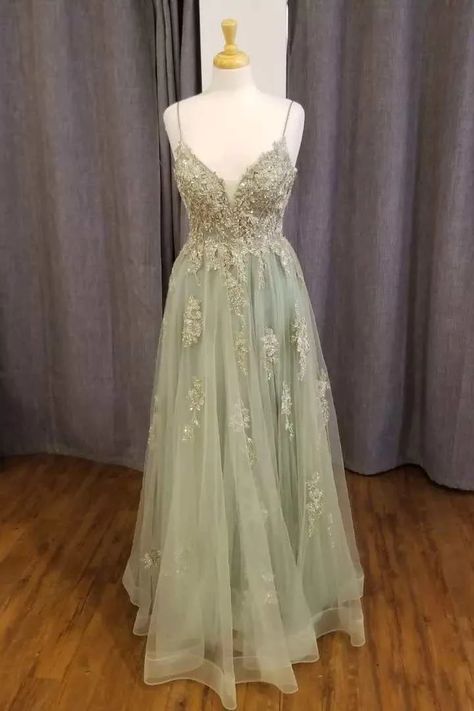 Prom Dresses 2023 Sage Green, Save Green Dress, Sage Green Floral Prom Dress, Highschool Prom Dresses Green, Light Green Lace Prom Dress, Prom Dresses Long Sage Green, Prom Dress Floral Lace, Lace Sage Green Dress, Sage Green Flowy Prom Dress