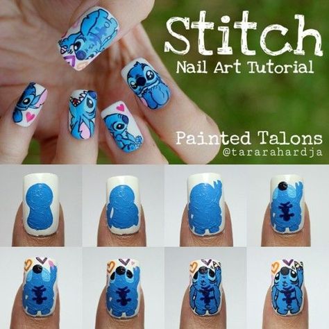 Stitch Nail Art, Stitch Nails, Disney Nail Art, Disney Nail Designs, Nail Base, Disney Acrylic Nails, Kutek Disney, Nails Tutorial, Nail Art Disney