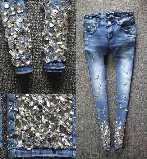 Bling Denim, Denim Party, Lace Jeans, Rhinestone Jeans, Bling Jeans, Diy Jeans, Denim And Diamonds, Denim Crafts, Embellished Denim