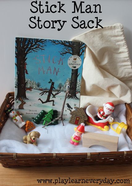 A fun story sack full of ideas for exploring Stick Man by Julia Donaldson. Storybook Baskets, Learn Everyday, Book Area, Story Sack, Treasure Basket, Julia Donaldson, Story Props, Eyfs Activities, Nursery Activities