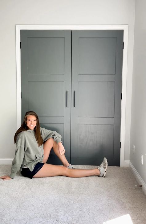 fun painted closet doors - Google Search Double Door Coat Closet, Remodel Doors Diy, Colored Closet Doors Bedrooms, What To Replace Sliding Closet Doors With, Plain Closet Door Makeover, Too Many Doors In A Room, Room Door Makeover, Refinishing Closet Doors, Paint Closet Doors Sliding