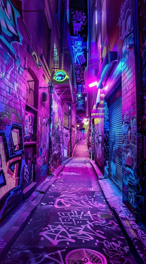 Cool Photo Backgrounds, Neon Graffiti Wallpaper, Purple Street Aesthetic, City Punk Aesthetic, Animated City, Colorful Neighborhood, Neon Lights Aesthetic, Neon Cyberpunk Aesthetic, Grunge City