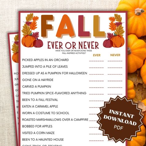 Looking for a fun Fall game to play with family and friends? Look no further than our Ever Or Never Game Fall Printable! This versatile game is perfect for kids, teens, and adults alike, making it the perfect addition to your Fall festivities. Our Fall Game Printables are designed to be easy to use and fun to play. Simply print out the cards, grab some friends, and get ready to play Never Have I Ever like never before! With a variety of fun prompts and questions, this game is sure to keep everyo Fall Games For Teens, Fall Games For Adults, Fall Games For Kids, Party Games Group, Fun Prompts, Fall Party Games, Games For Ladies, Bobbing For Apples, Fall Games