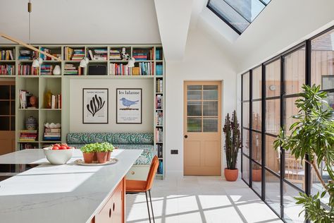 This Margate, England, Home Is Full of Colorful Surprises No Upper Cabinets, England House, Sloping Roof, Upper Kitchen Cabinets, Cabinet Plans, Wooden Deck, Hampton House, Glass Extension, Arts And Crafts House