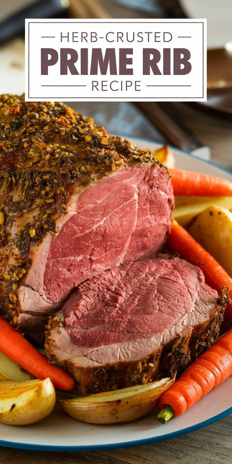 Create a mouthwatering herb-crusted prime rib recipe that's perfectly seasoned and cooked to juicy perfection. Learn expert tips for making this show-stopping roast at home. Prim Rib Recipes, Best Prime Rib Recipe Ever, Poor Mans Prime Rib, Garlic Prime Rib Recipe, Garlic Herb Prime Rib, Perfect Prime Rib Roast Recipe, Crusted Prime Rib Recipe, Prime Rib Recipe Easy, Best Prime Rib Recipe