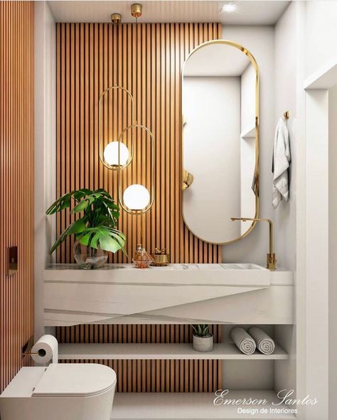 Wood Paneling Modern, Wc Interior Design, Natural Wood Vanity, Bathroom Decor Wood, Rustic Bathroom Design, Modern Powder Rooms, Ideas Baños, Wood Wall Bathroom, Wooden Panelling