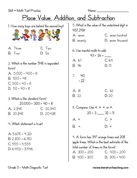 Place Value, Addition, and Subtraction Worksheet | Lesson Planet Third Grade Fractions Worksheets, 4th Grade Math Test, Third Grade Fractions, Third Grade Math Worksheets, Math Practice Worksheets, 3rd Grade Math Worksheets, Addition And Subtraction Worksheets, Math Place Value, Math Assessment